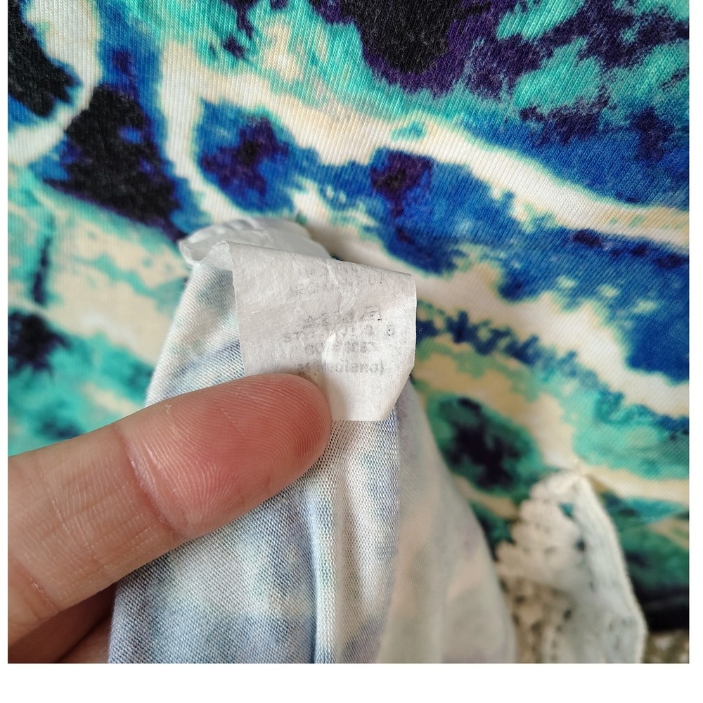 VOLL Women's Tunic Top Medium Blue Green Tie Dye Print Crochet Artsy Comfy - Picture 6 of 8